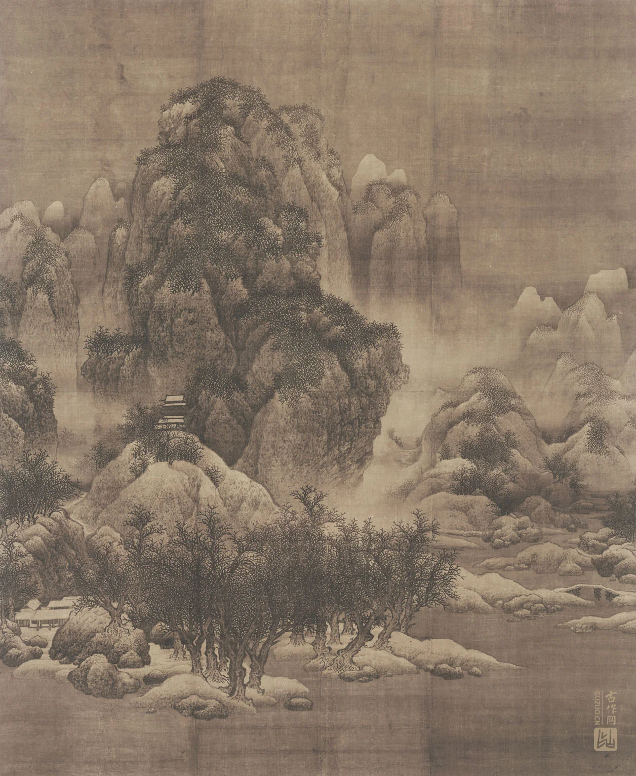范宽雪景山水画《雪景寒林图》高清图片