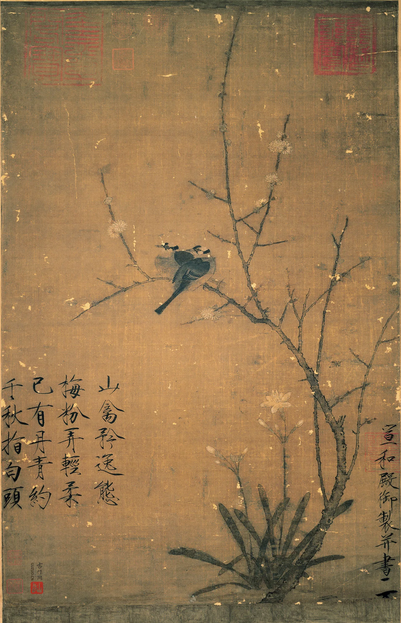 宋徽宗赵佶花鸟画《腊梅山禽图》高清图片