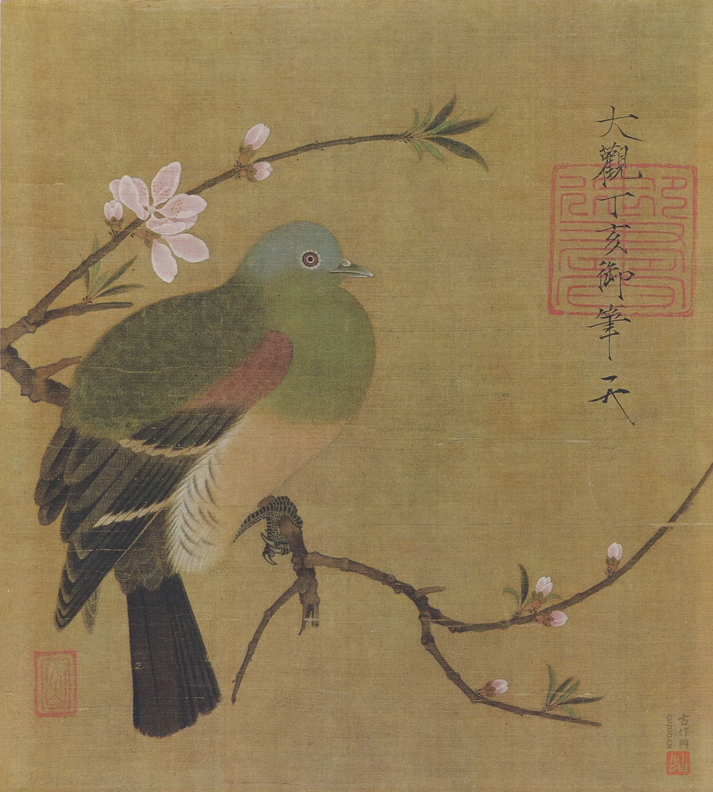 宋徽宗赵佶花鸟画《桃鸠图》高清图片