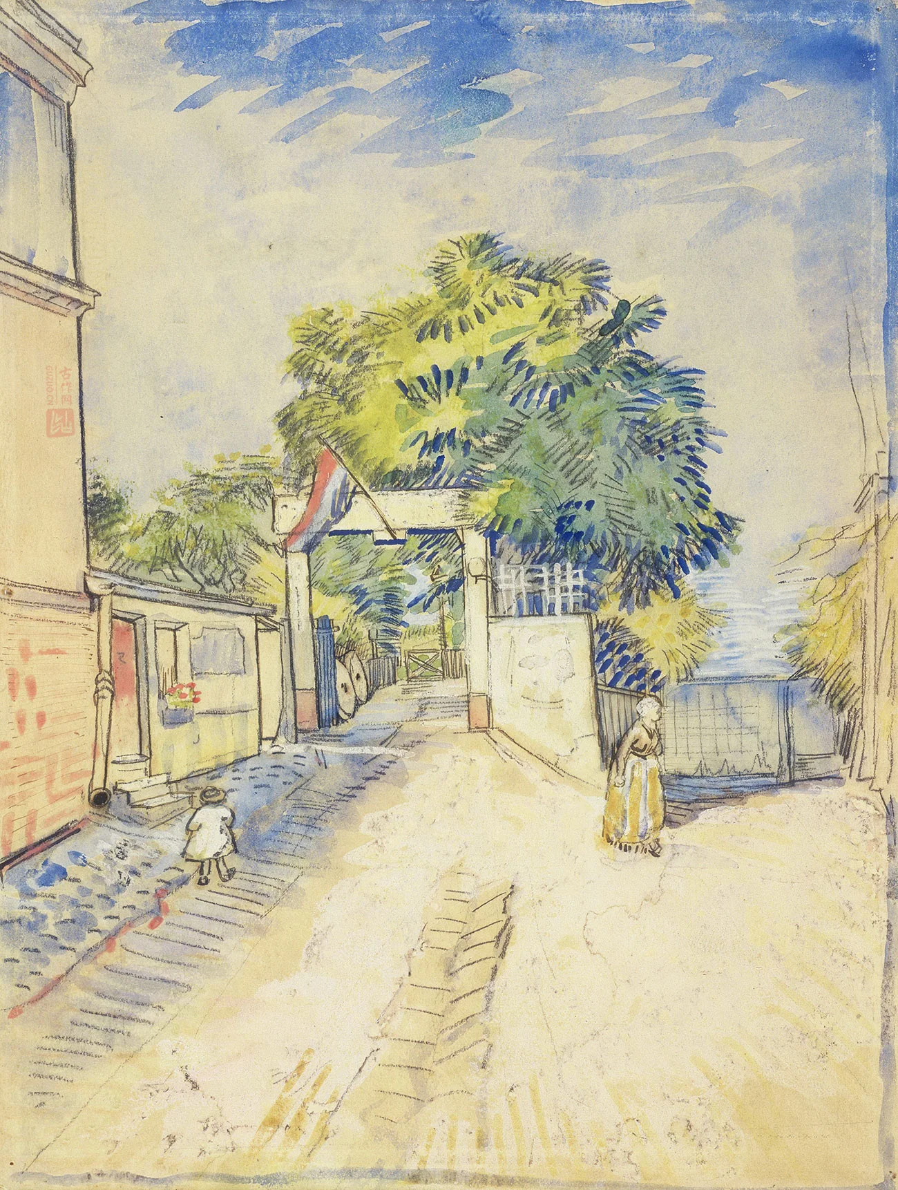 梵高水彩画风景《Entrance to the Moulin de la Galette》