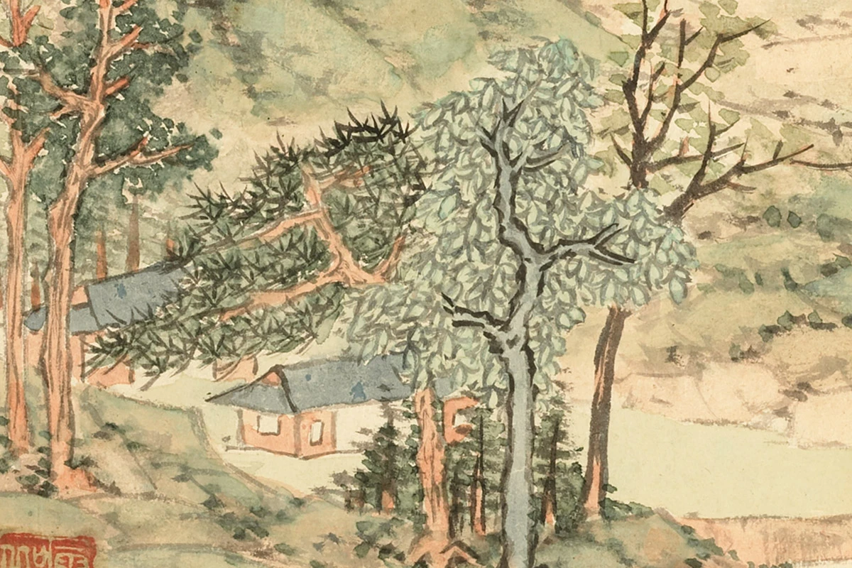 王学浩山水画《仿元人青绿山水》局部 (1)