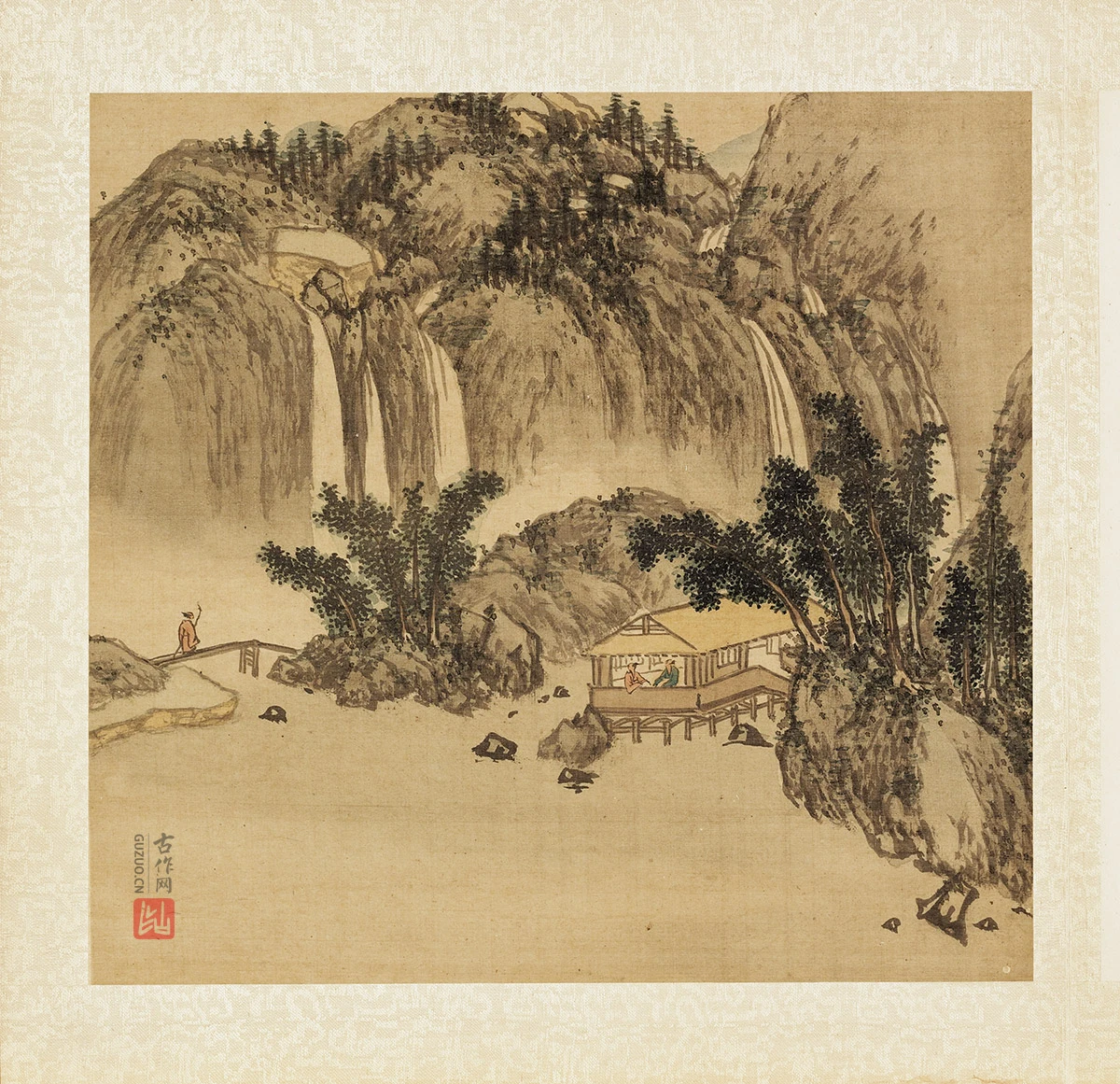 张雨森山水画《林屋飞瀑》