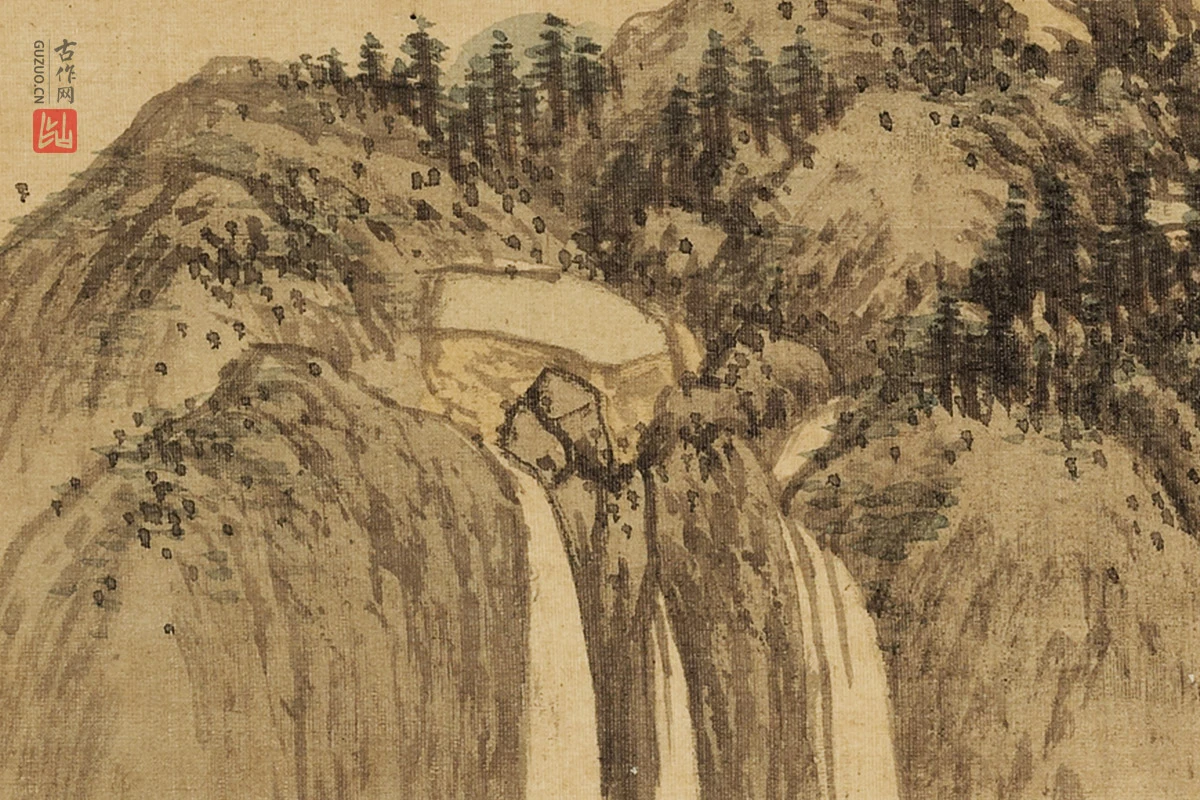 张雨森山水画《林屋飞瀑》局部 (3)