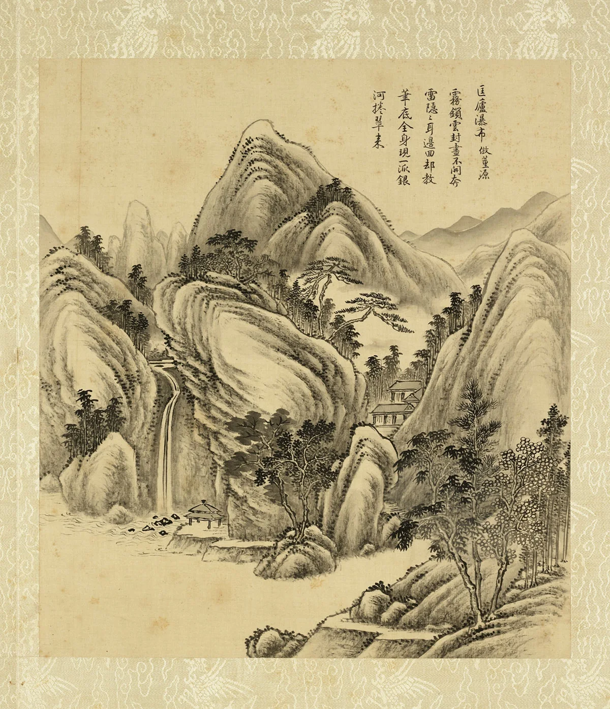 清·周鲲《仿董源匡庐瀑布》水墨山水画