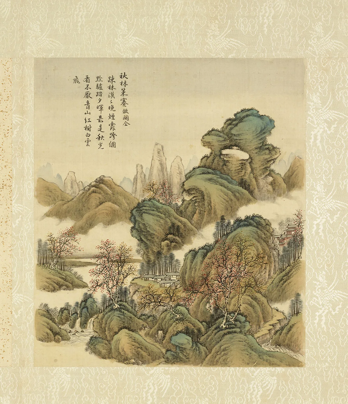 清·周鲲《仿关仝秋林策蹇》秋景山水画