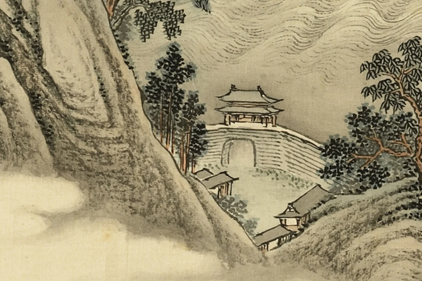 清·周鲲《仿范宽洞庭晓色》山水画局部 (1)