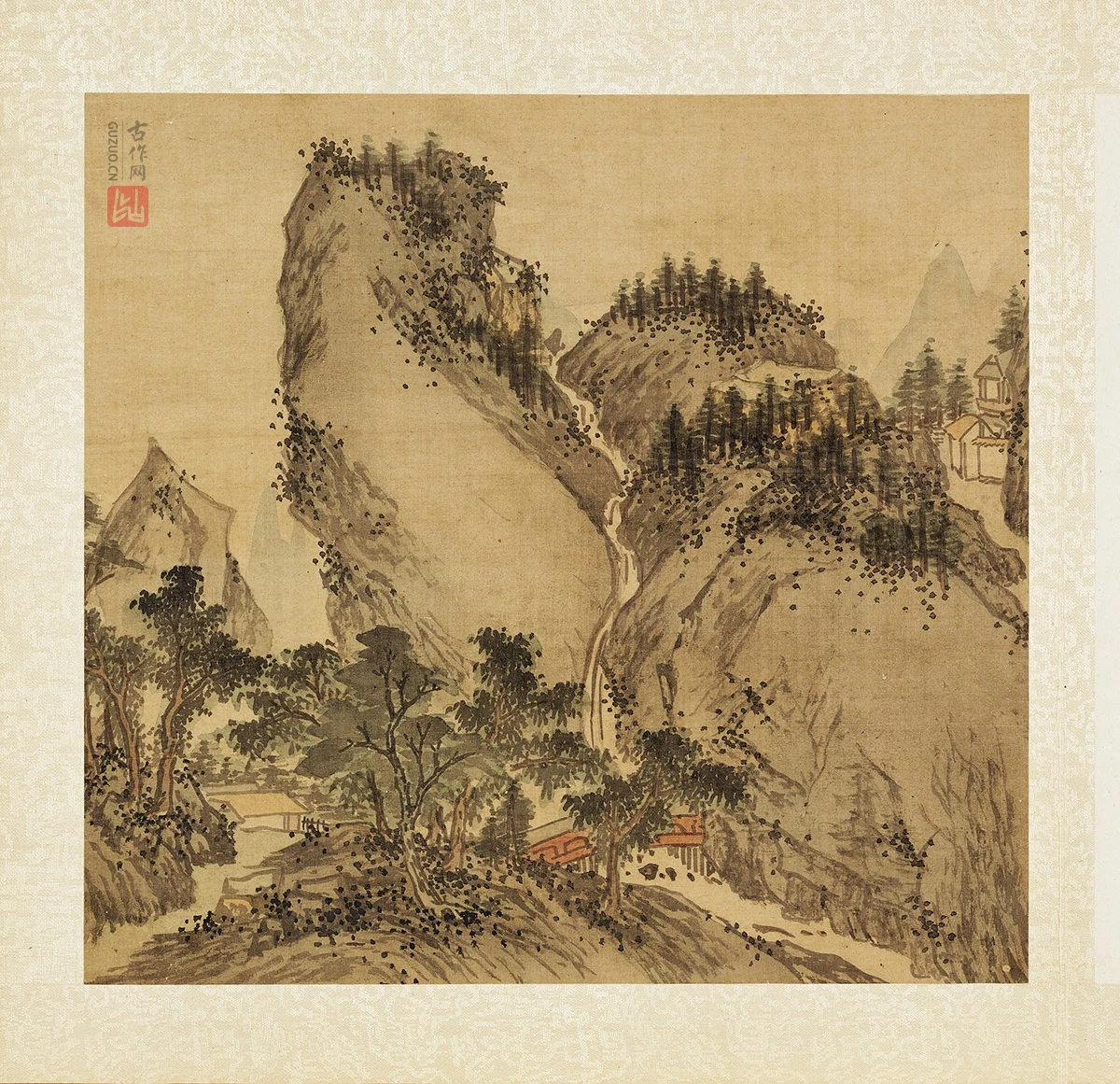 张雨森《水榭听瀑》高山流水山水画