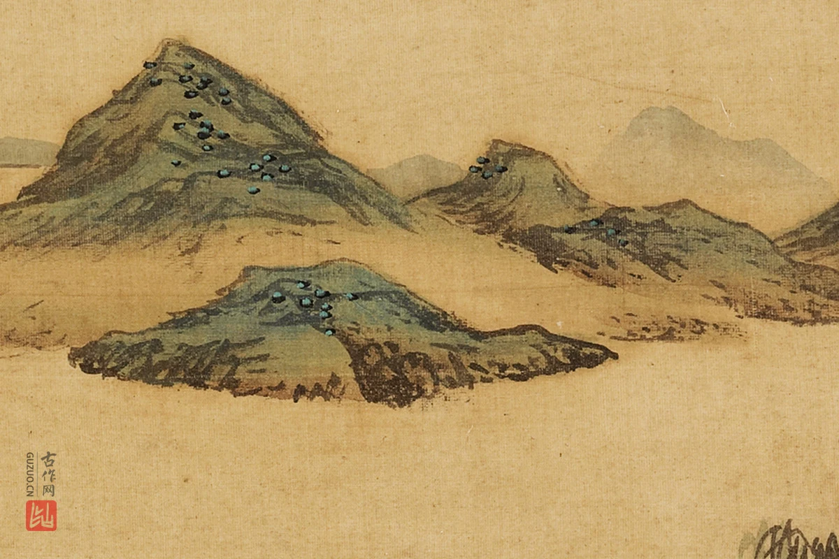 张雨森青绿山水画《澄江孤塔》局部 (4)