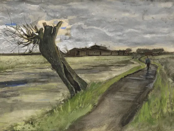 梵高水彩画《乡村的道路与柳树桩》