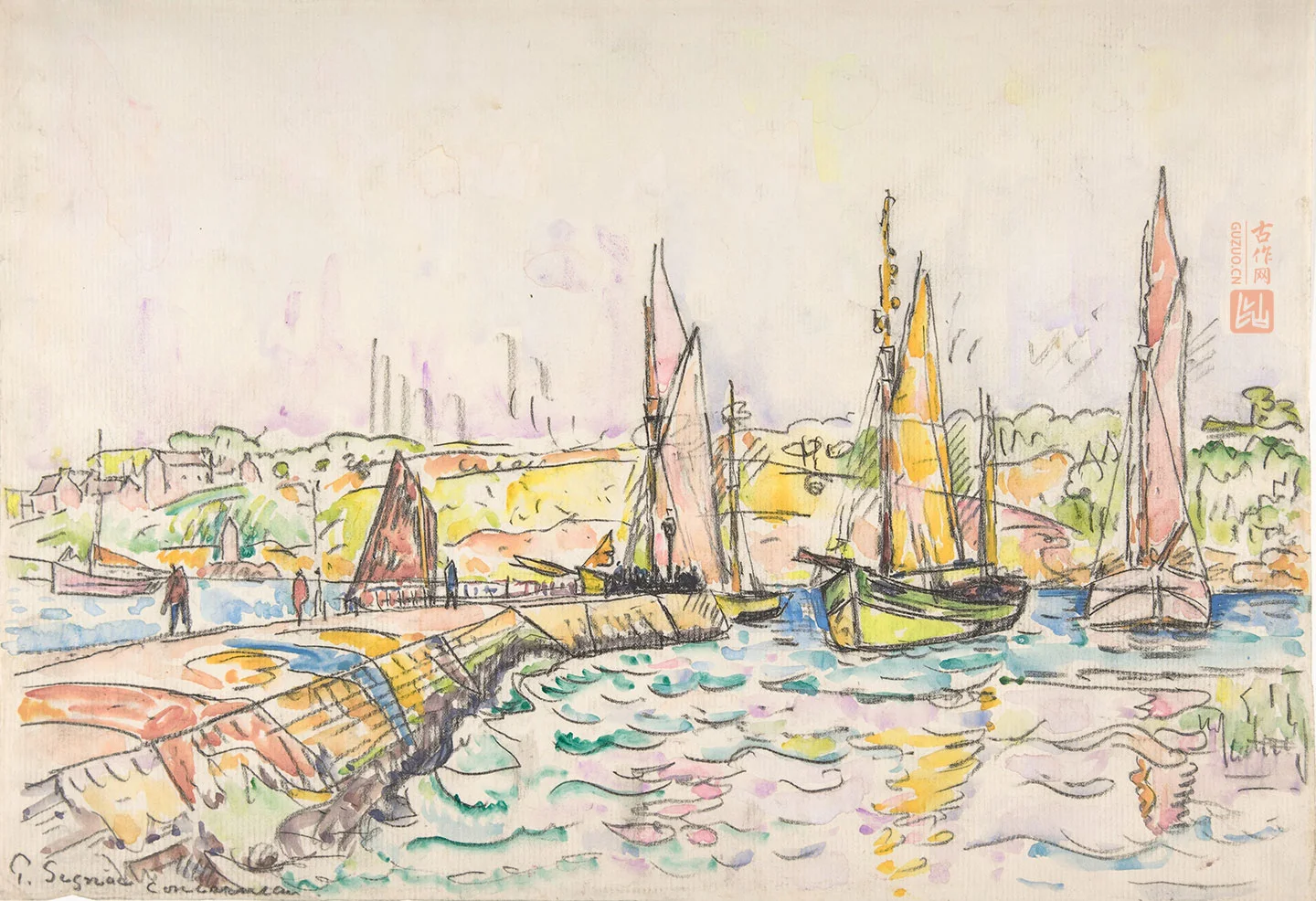 西涅克水彩画风景速写《孔卡尔诺港口停泊的帆船》