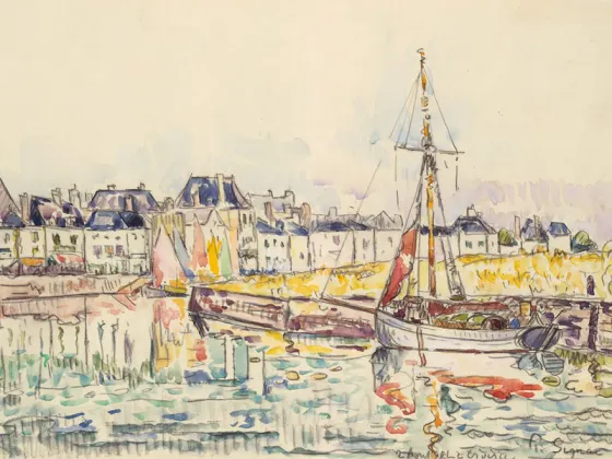 保罗·西涅克水彩画风景《港口的帆船与房屋建筑群》