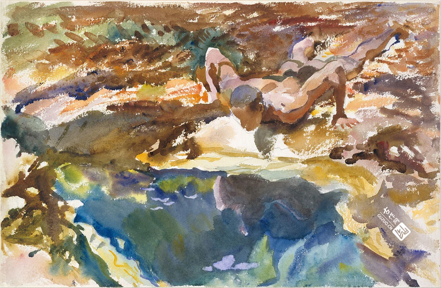 萨金特水彩画作品《男人和水池》