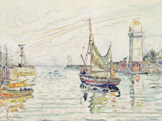 西涅克水彩风景速写《海湾的帆船与灯塔》