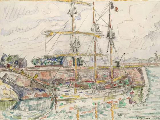 西涅克水彩画《圣马洛码头的帆船》