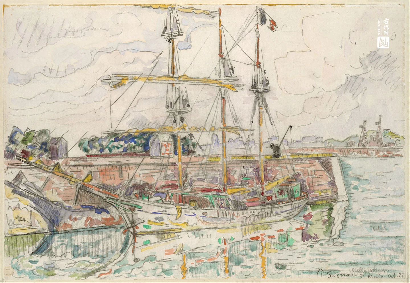 西涅克水彩画风景《圣马洛码头的帆船》