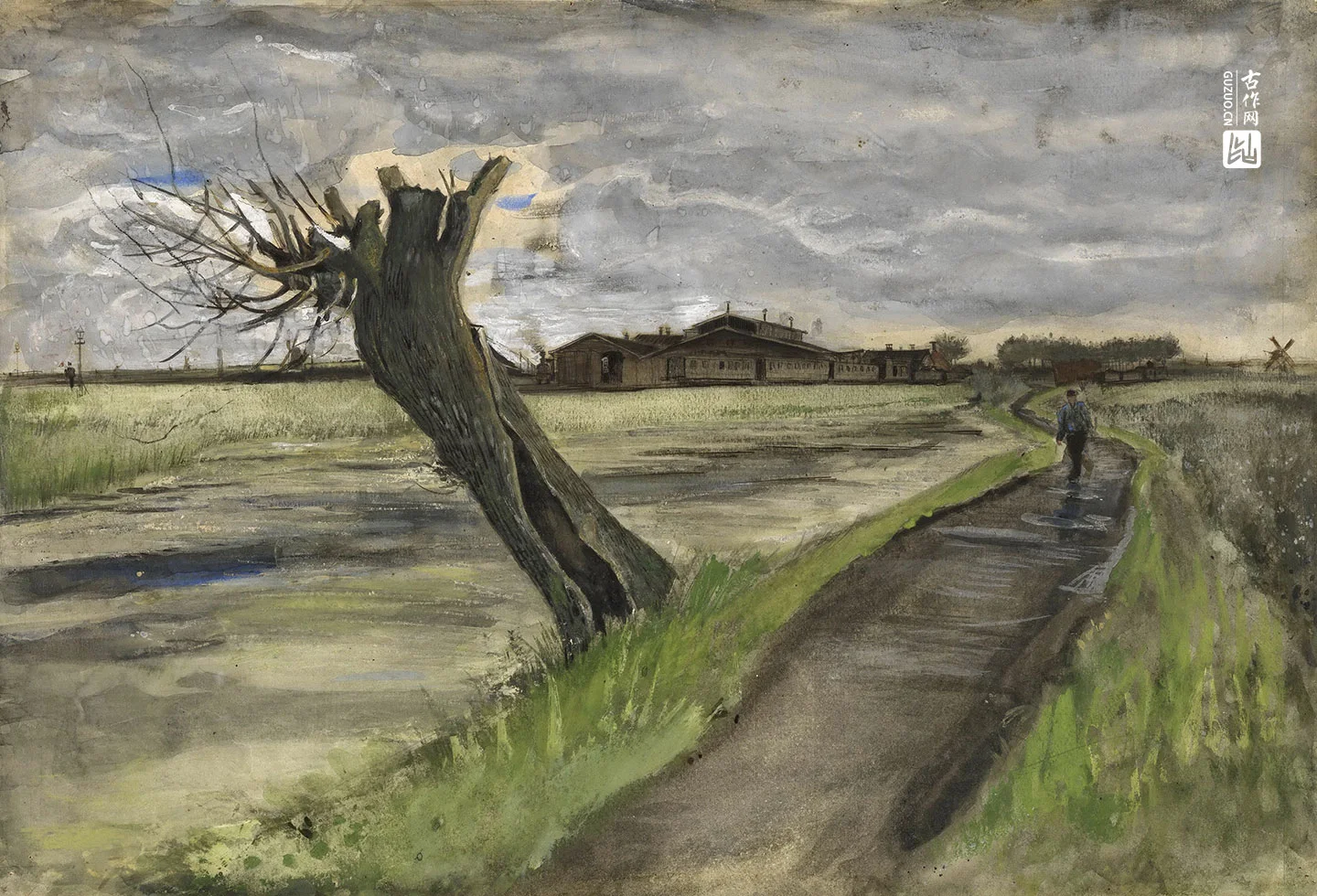梵高水彩画《乡村的道路与柳树桩》
