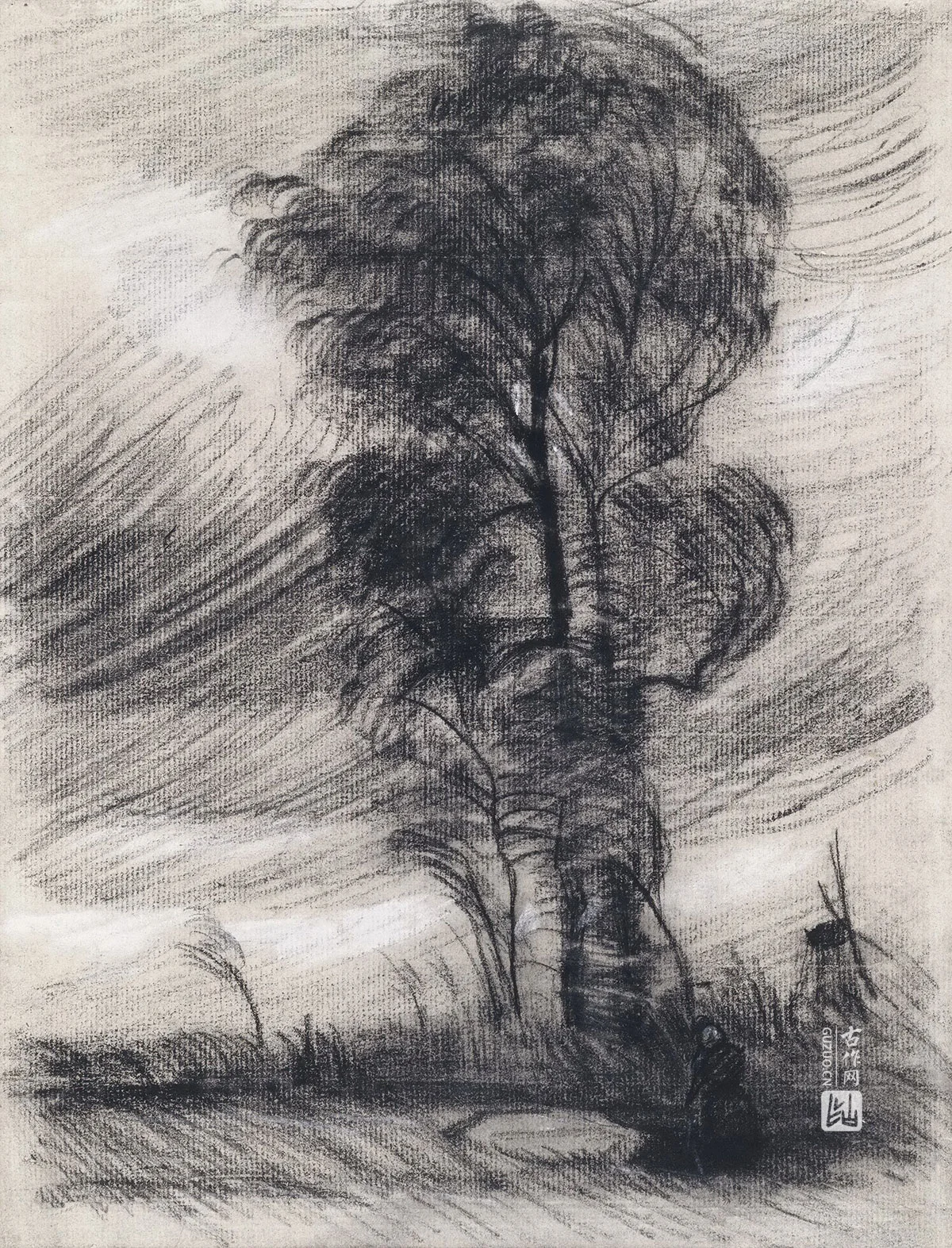 梵高素描风景《狂风中的大树》高清大图