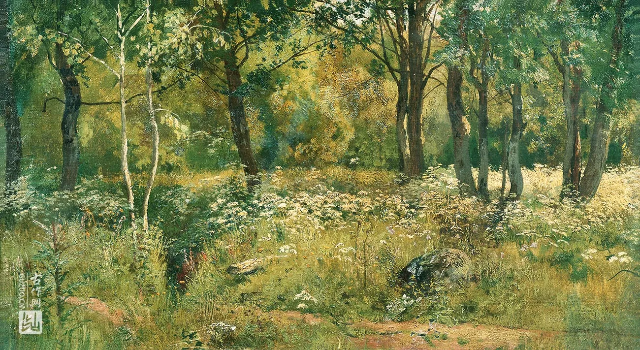 希施金油画风景作品《树林中草地上的野花》