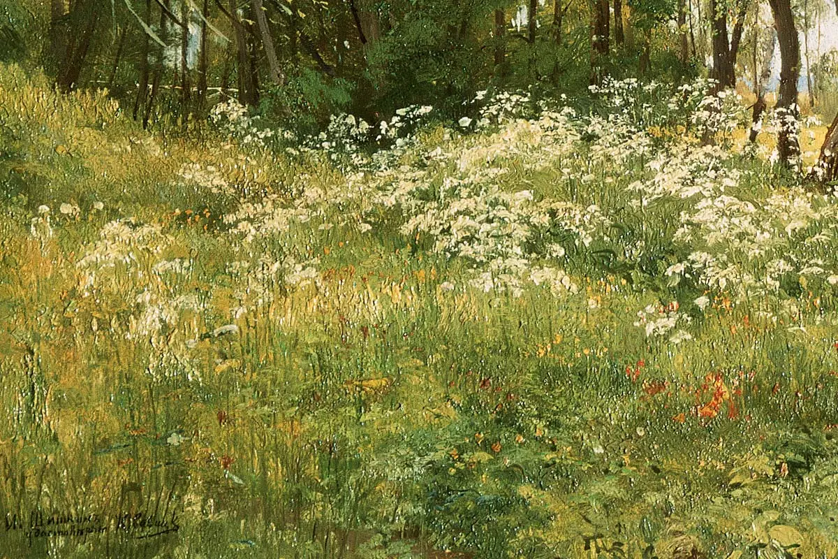 希施金风景油画《树林边草地上的野花》局部 (4)