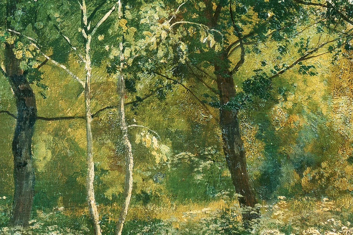 希施金油画风景作品《树林中草地上的野花》局部 (4)