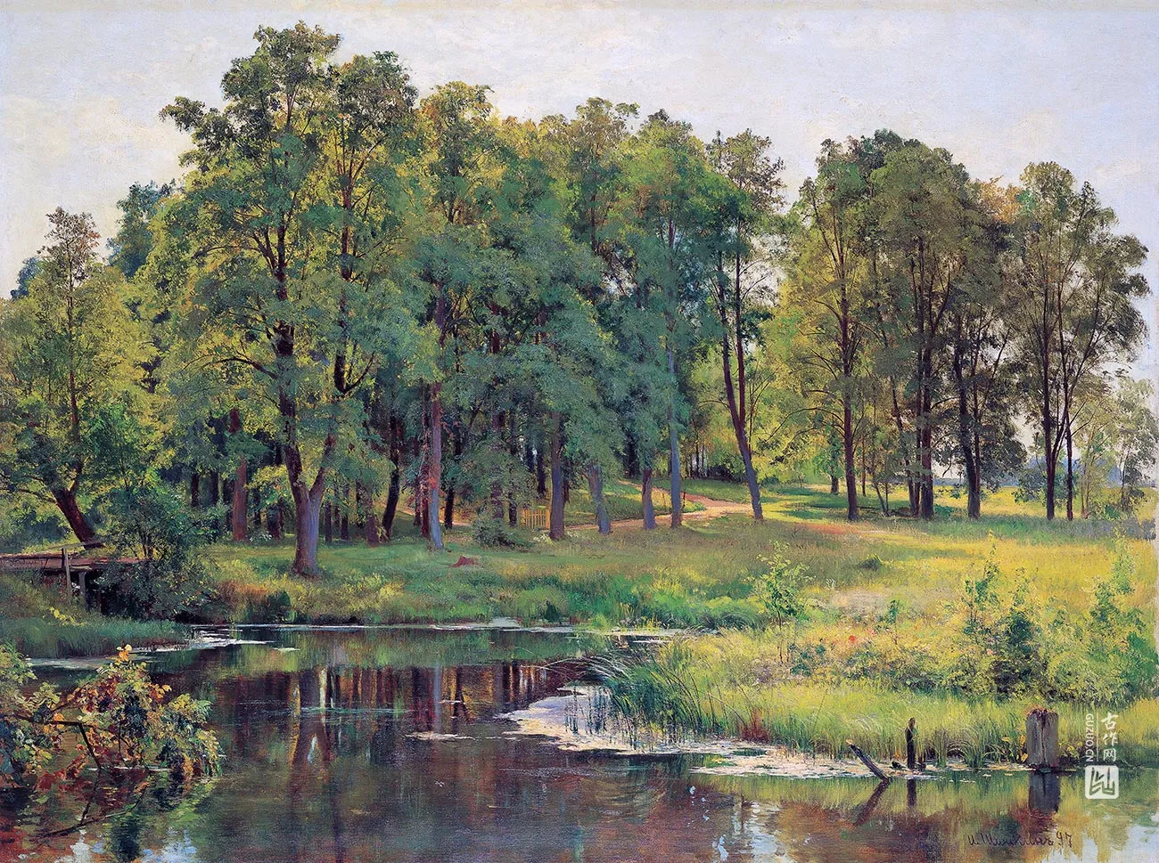 希施金写实风景油画-池塘边的草地与树林