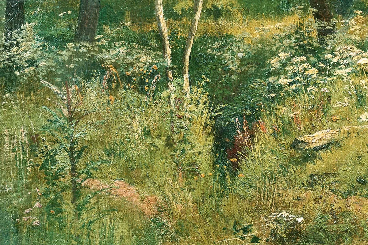 希施金油画风景作品《树林中草地上的野花》局部 (1)