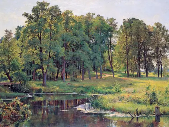 希施金写实风景油画 公园池塘边的草地与树林