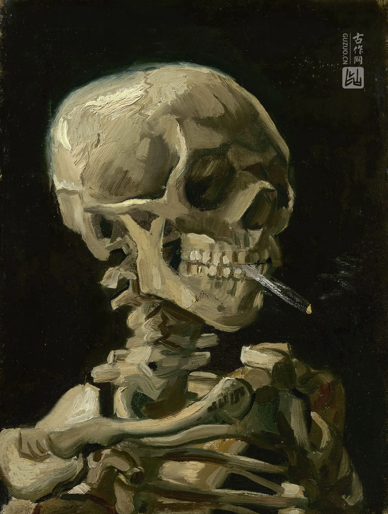 梵高早期油画《叼着香烟的骷髅》