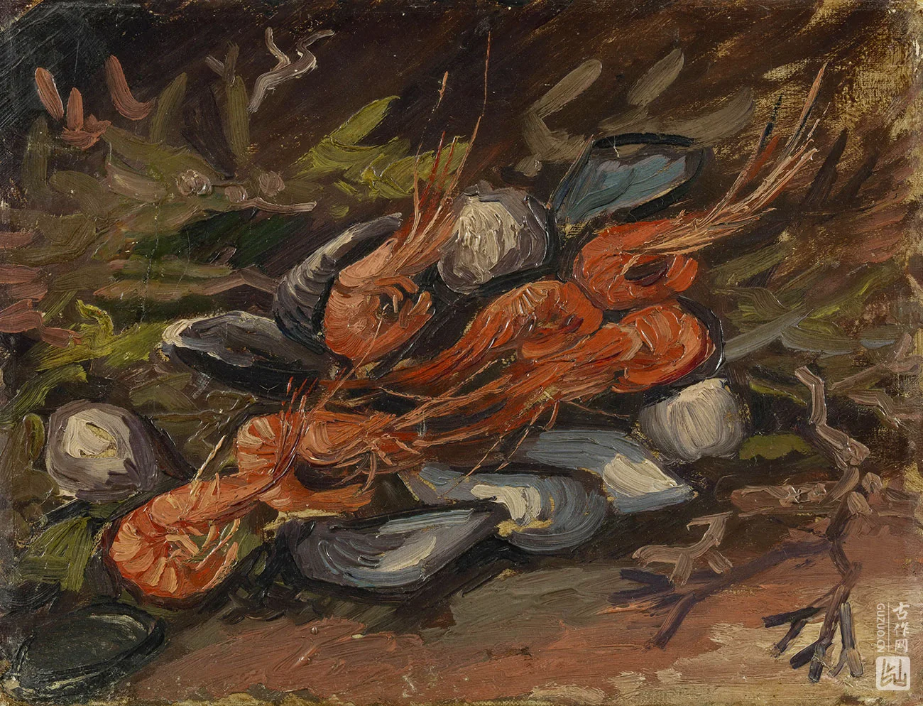 梵高静物油画《贻贝和虾的静物》