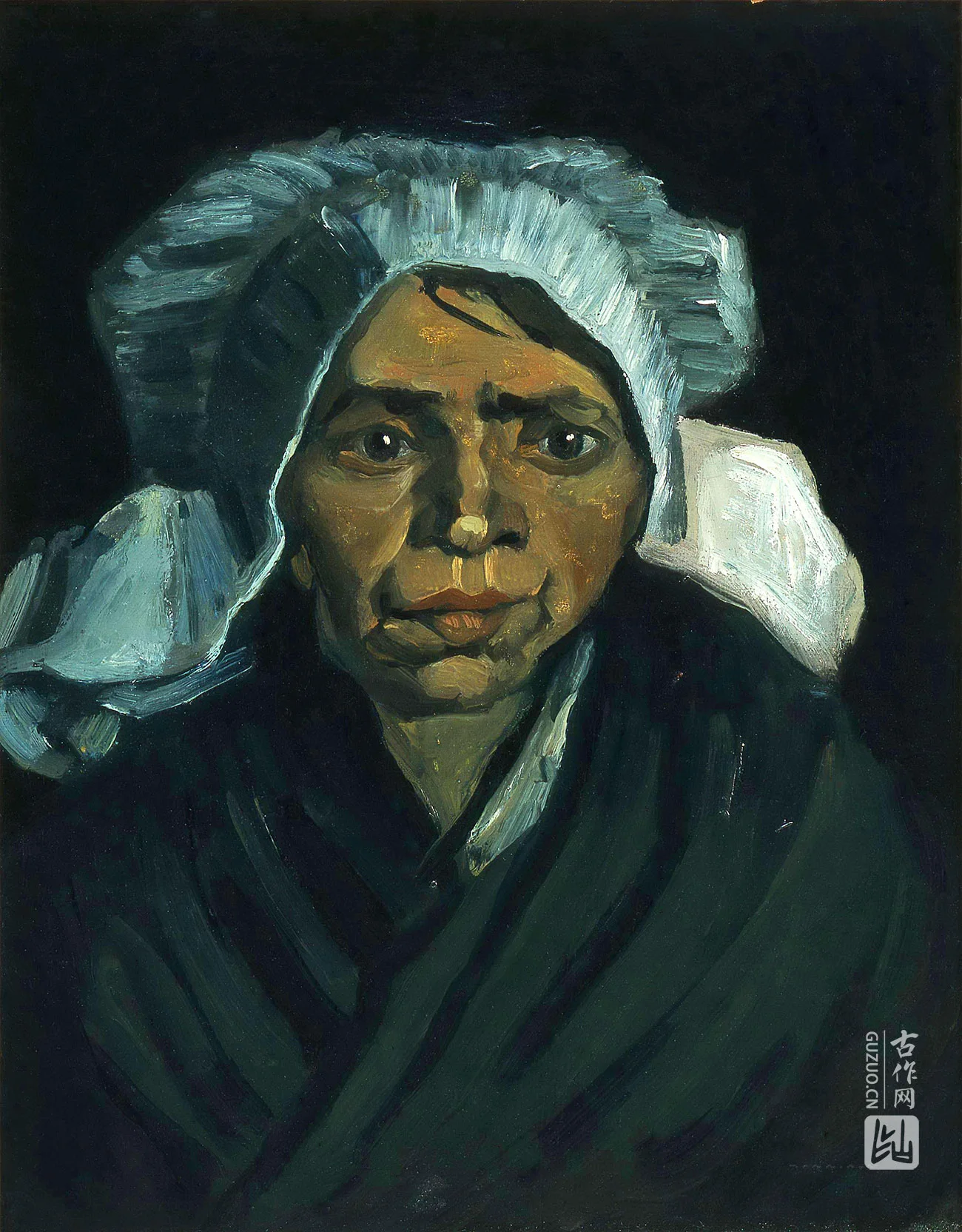 梵高油画人物头像《戴着白帽子的农妇的头像》