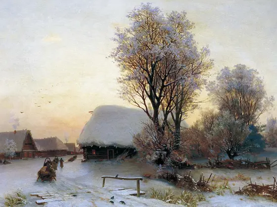 希施金作品 油画冬天的村庄、房屋、大树与雪地、雪橇风景