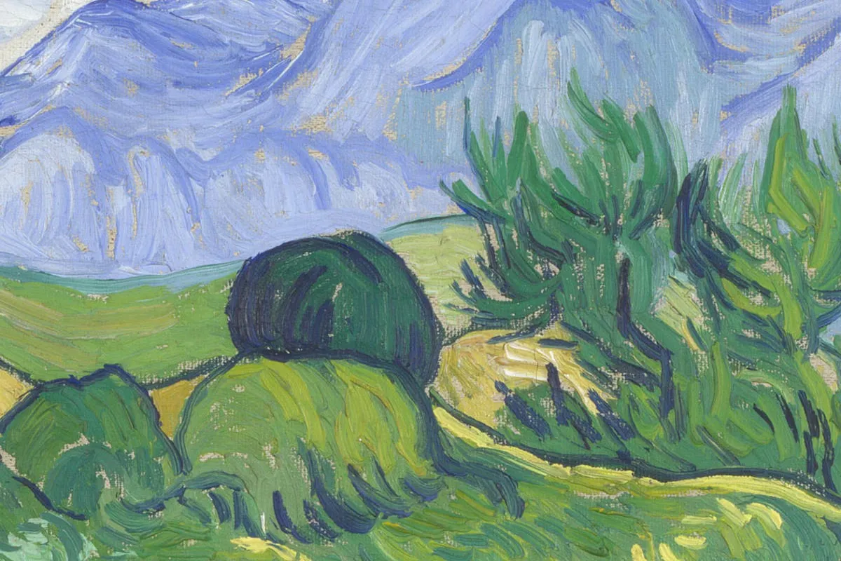 梵高油画风景作品《麦田的柏树》高清大图局部细节 (5)
