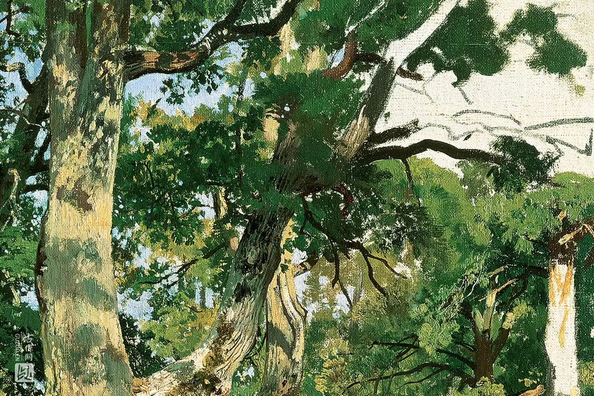 希施金油画风景《阳光下的橡树林》局部 (3)