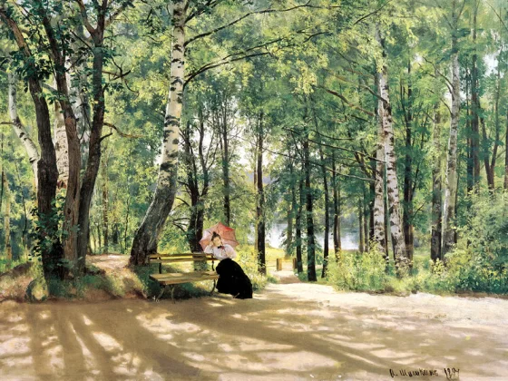 希施金油画风景 在树林乘凉的女人