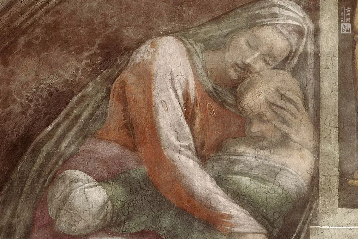 米开朗基罗壁画《基督的祖先：鲑鱼、伯鲁斯、奥贝特》局部 (1)