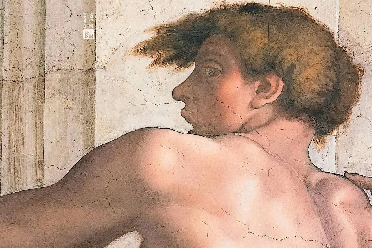 西斯廷教堂米开朗基罗壁画“Ignudo”系列《男性裸体肖像》局部 (7)