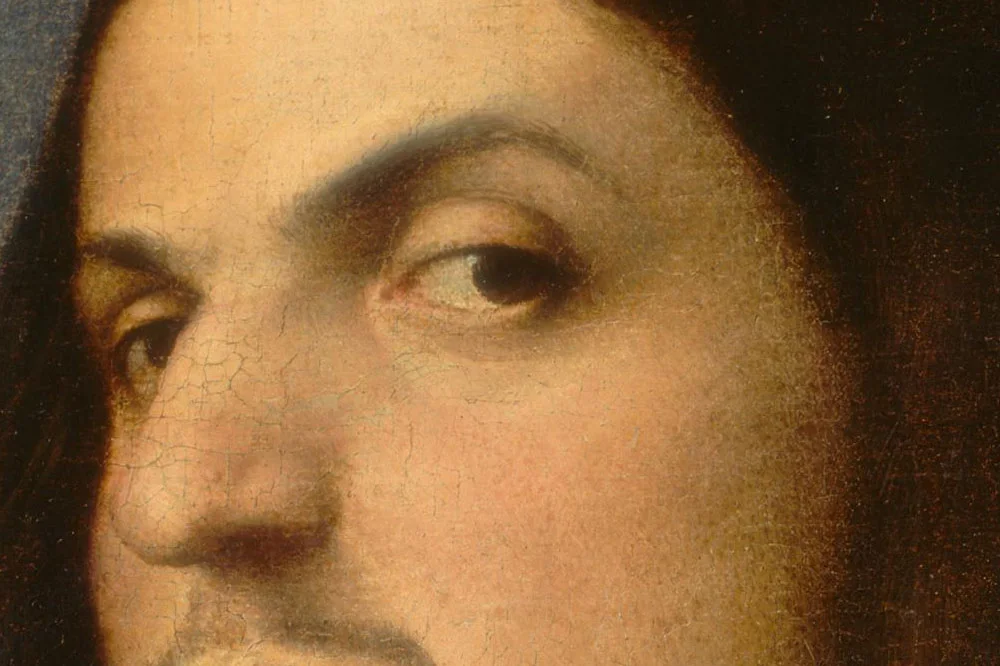 乔尔乔内油画作品《有书的威尼斯绅士肖像》局部细节 (2)