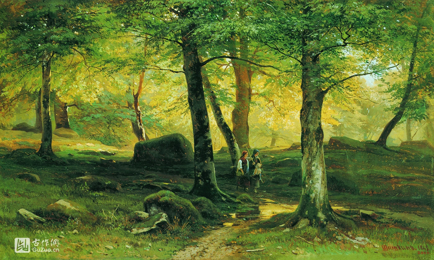 希施金风景画作品《在小树林里》高清图片