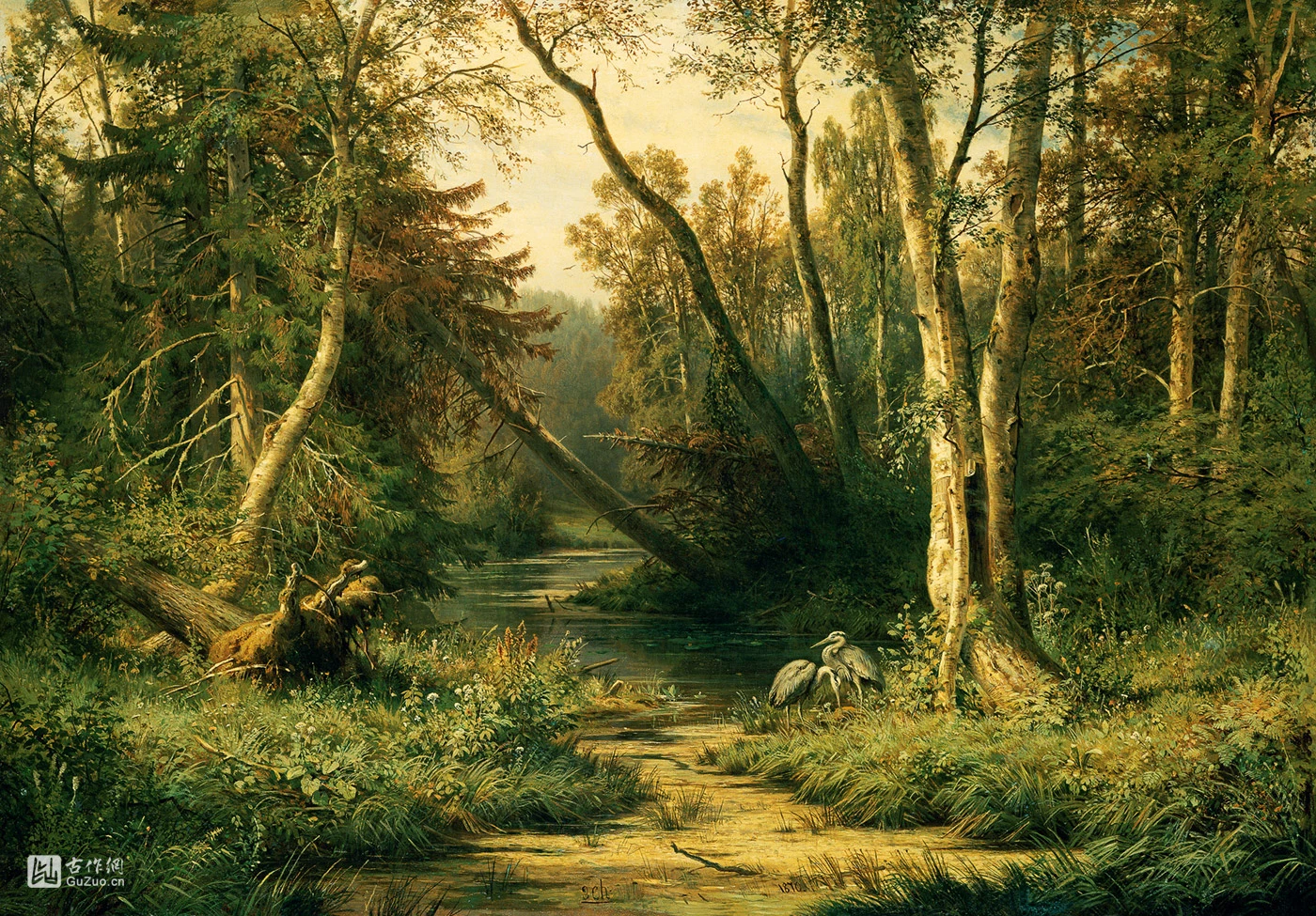 希施金油画风景《有苍鹭的森林风景》高清图片