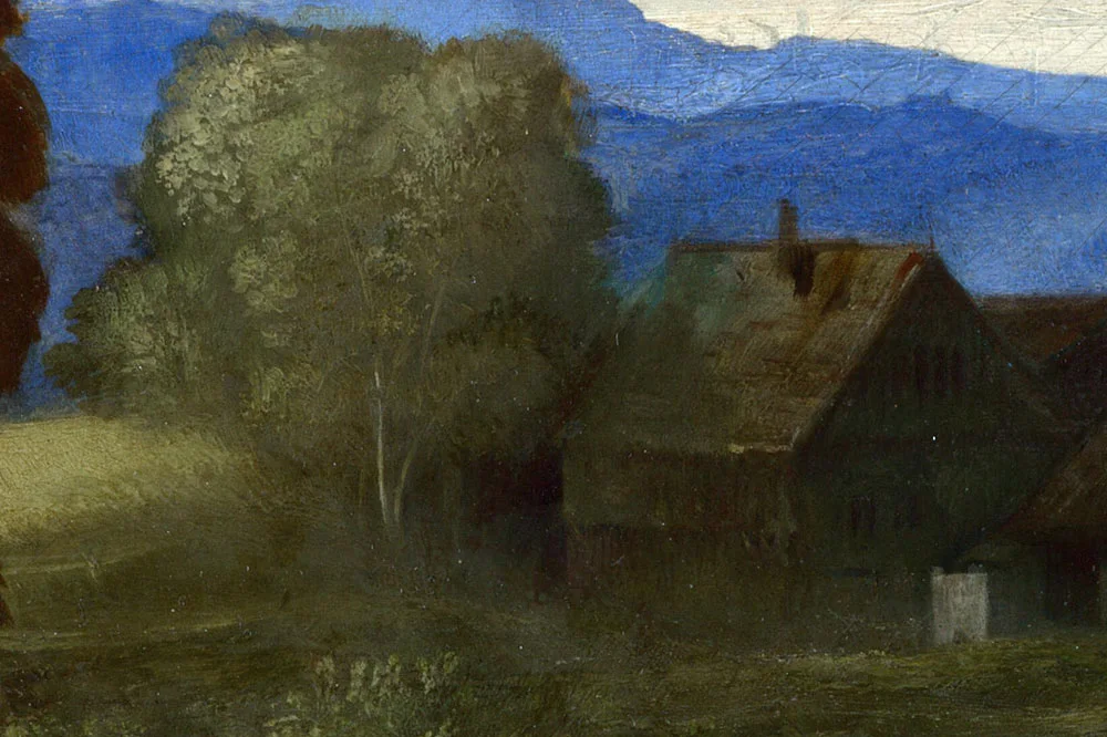 乔尔乔内油画作品《风景中的仙女和儿童与牧羊人》局部 (7)