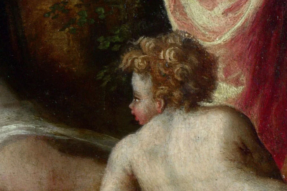 乔尔乔内油画作品《风景中的仙女和儿童与牧羊人》局部 (6)