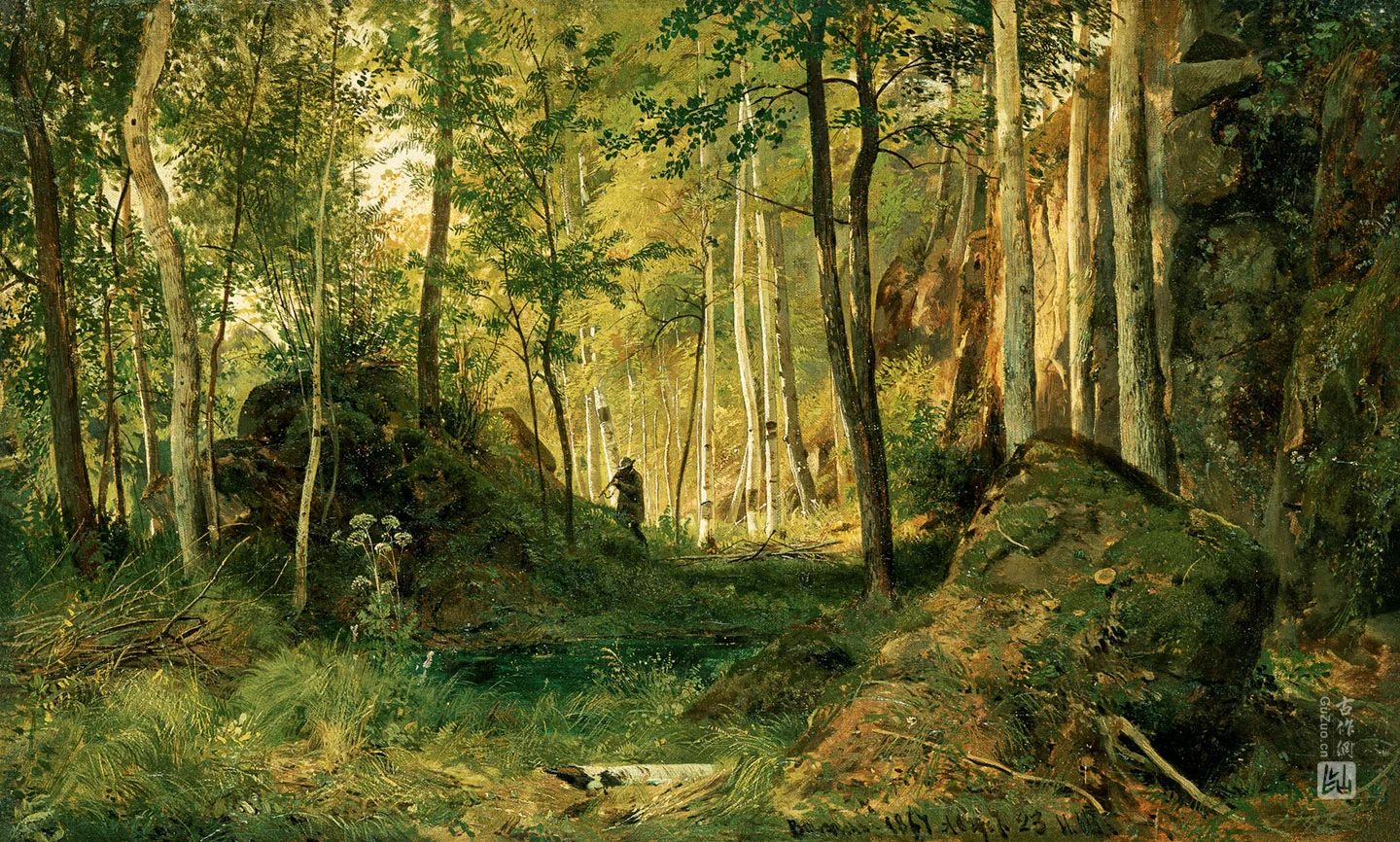 希施金油画风景《树林中的猎人》高清大图