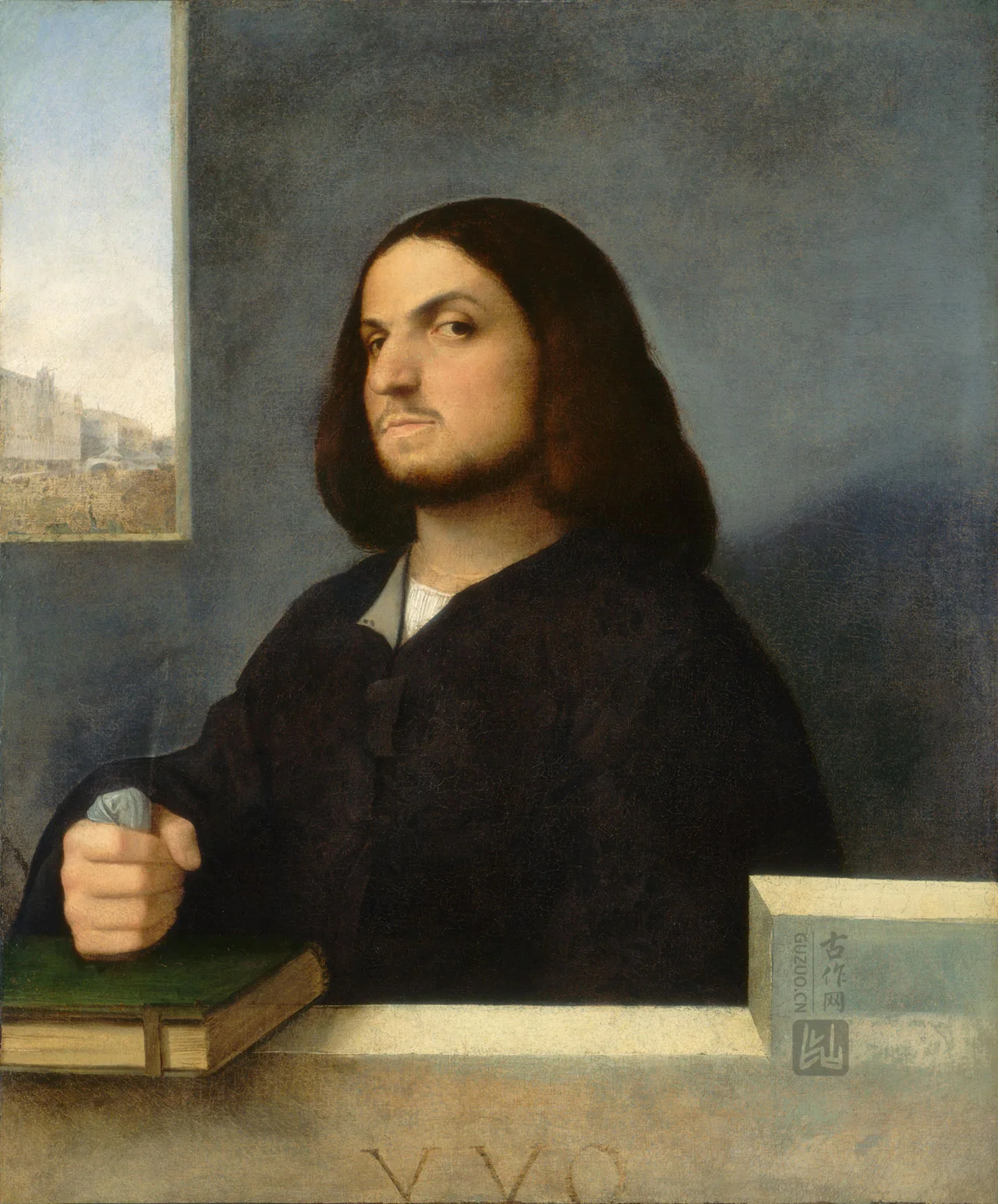 乔尔乔内油画作品《有书的威尼斯绅士肖像》高清大图