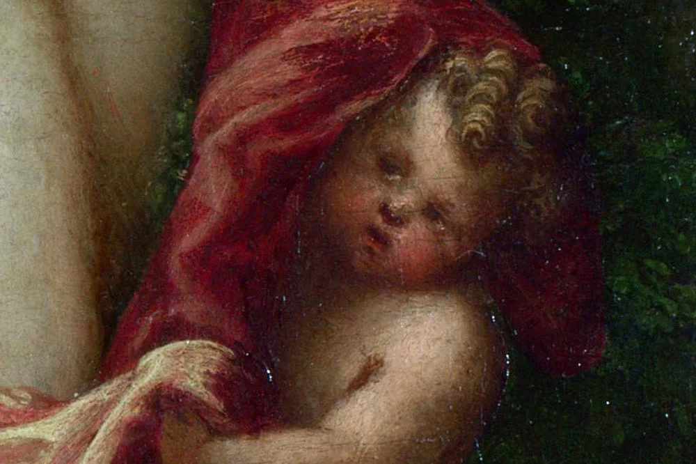 乔尔乔内油画作品《风景中的仙女和儿童与牧羊人》局部 (5)