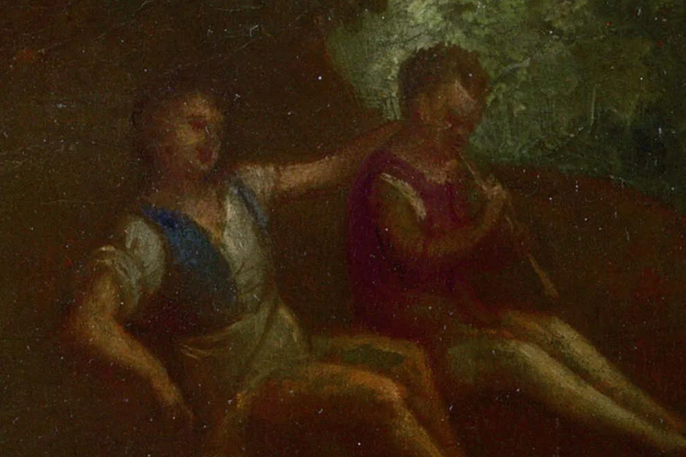 乔尔乔内油画作品《风景中的仙女和儿童与牧羊人》局部 (1)