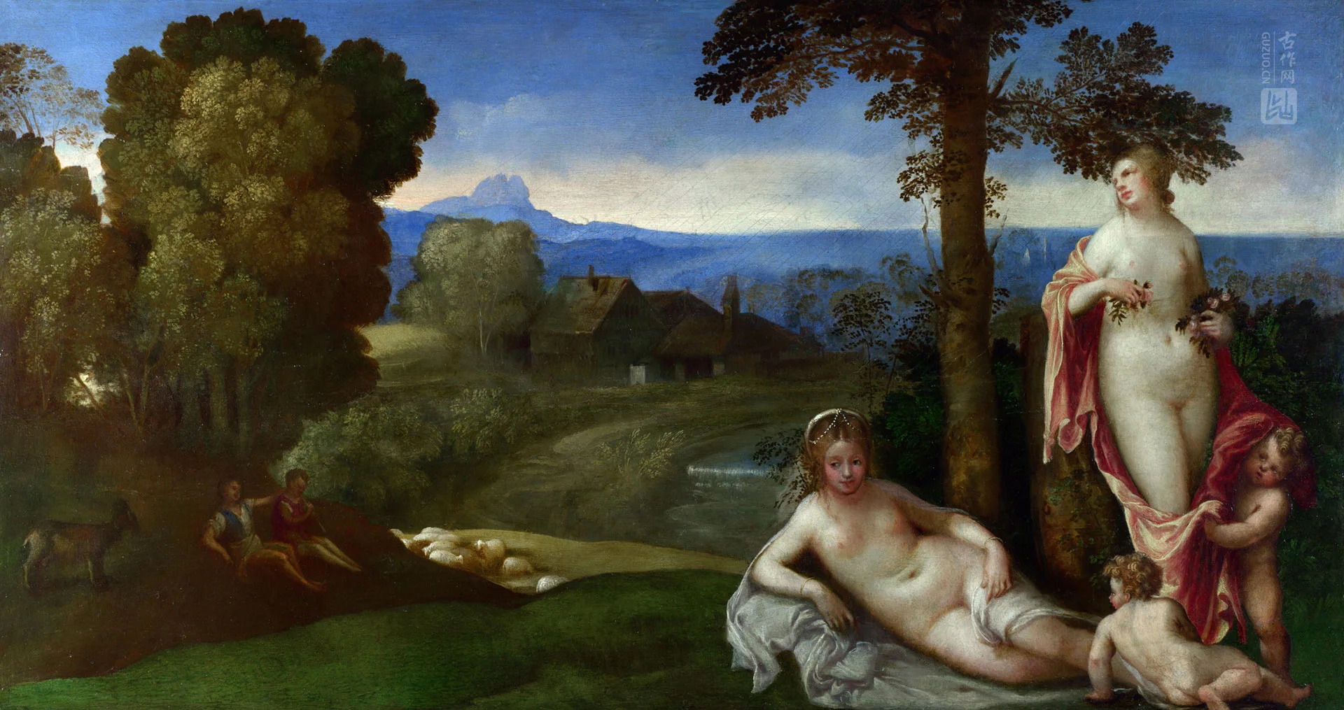 乔尔乔内油画作品《风景中的仙女和儿童与牧羊人》