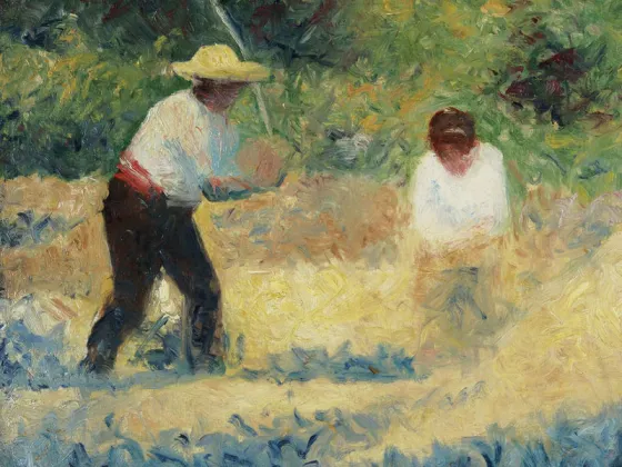 乔治·修拉油画作品《打麦场劳作的农民》