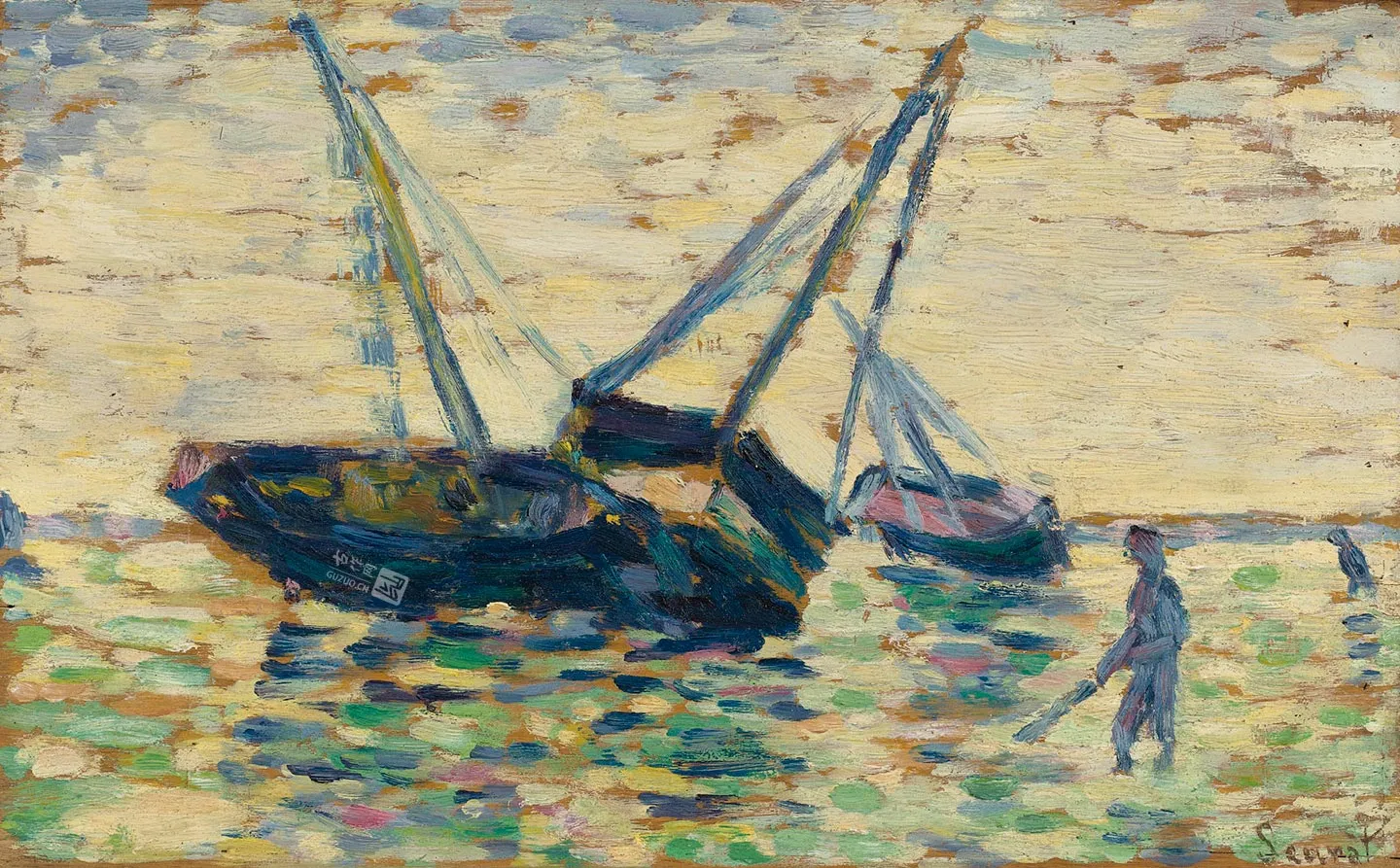 新印象派“修拉”油画作品《三艘船和一个水手》