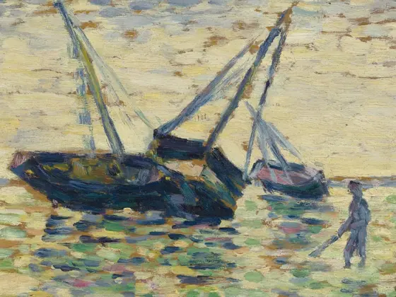 新印象派“修拉”油画作品《三艘船和一个水手》