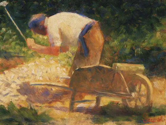 乔治·修拉油画作品《手推车旁劳作的农夫》